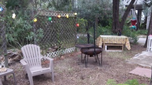 Backyard set up with Dee Lights and the Cowboy cooker and new work table